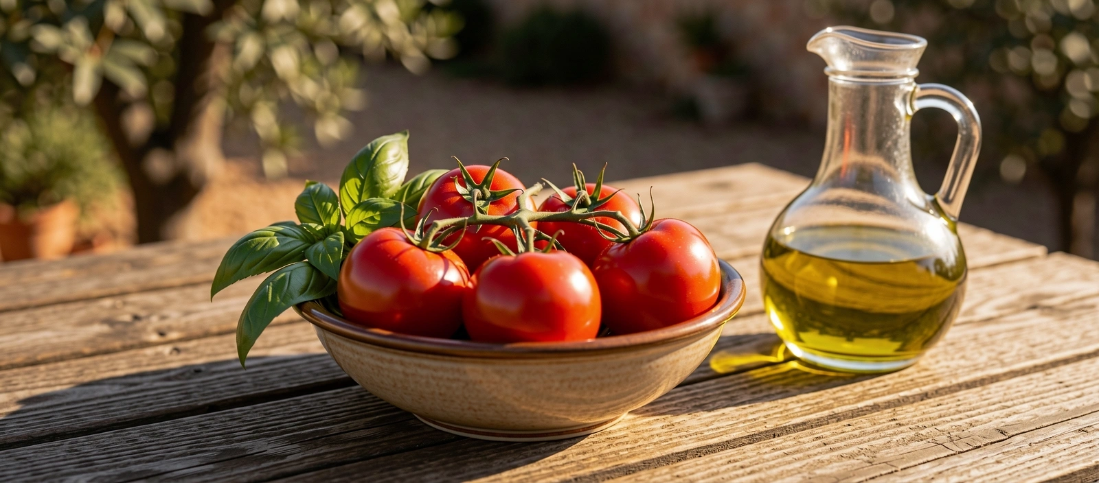 Sunlit kitchen table with fresh Mediterranean ingredients